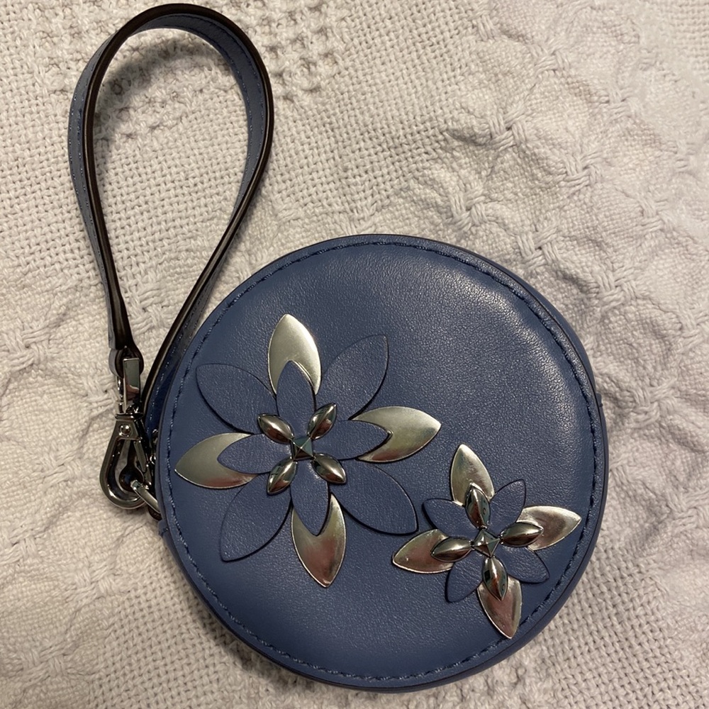 Michael Kors Blue Floral Applique Round Wristlet Coin Case